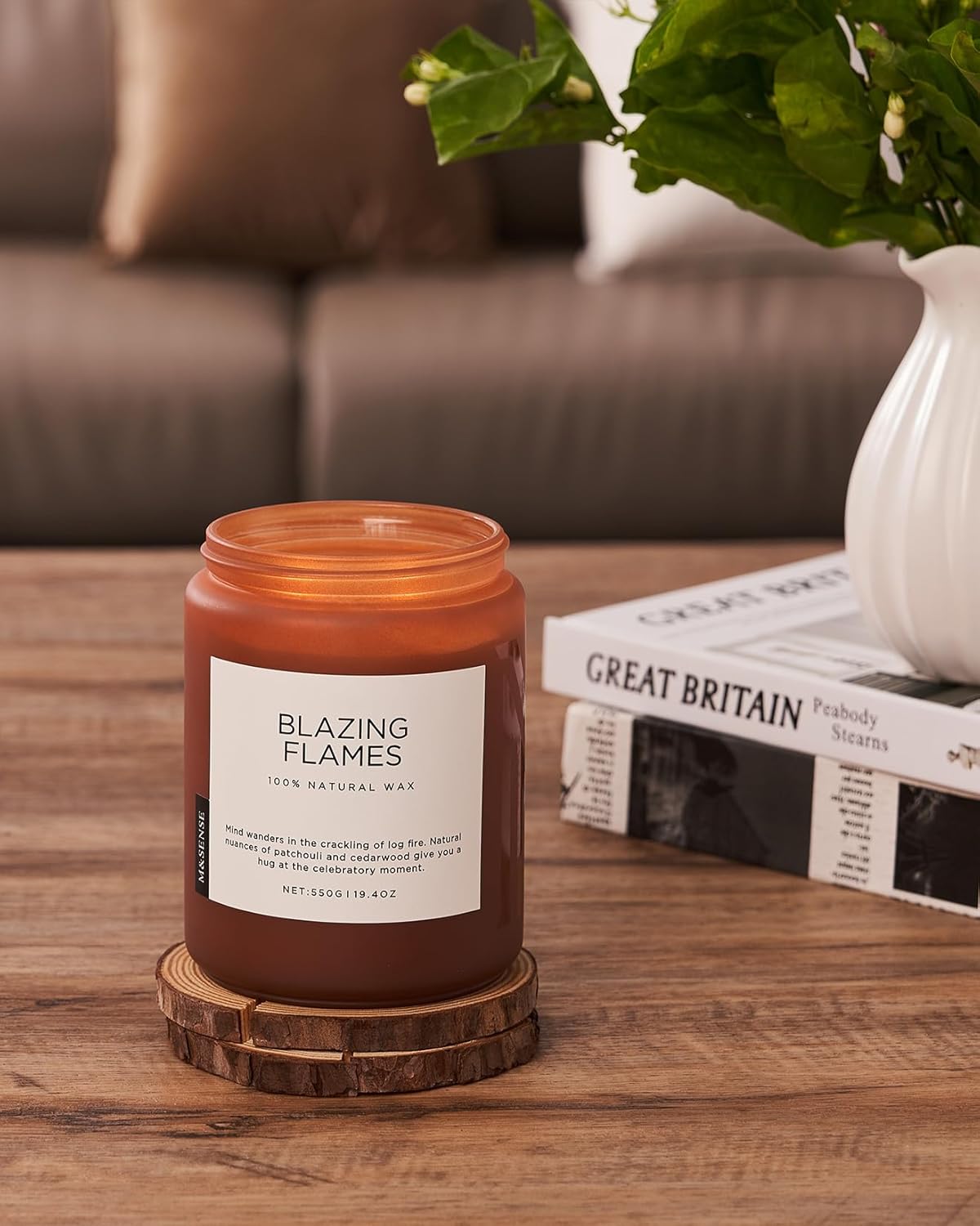 M&SENSE Blazing Flames Scented Candles with Log Fire - Patchouli & Cedarwood, Large Natural Soy 19.4oz 110 Hour Long Lasting Non Toxic Clean Burn Candle Gifts for Men Women