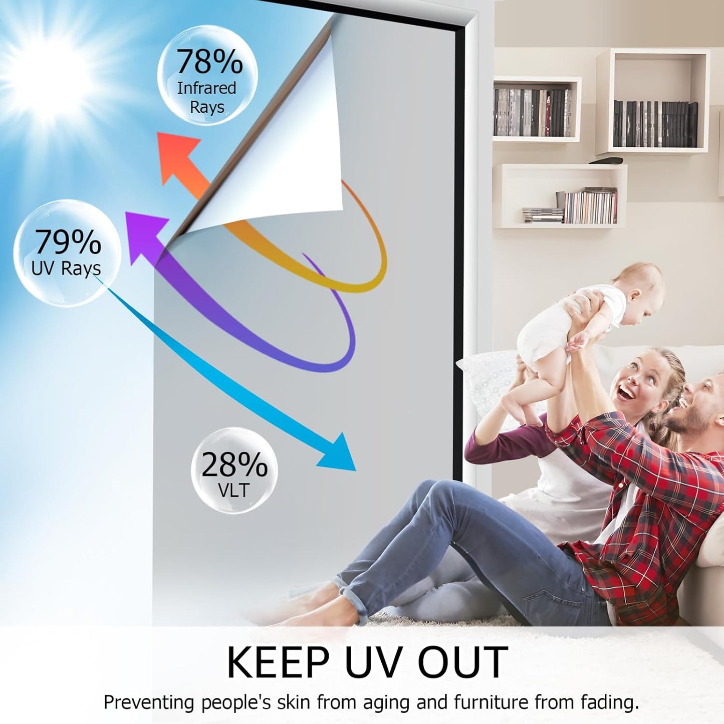 HIDBEA One Way Privacy Window Film, Daytime Privacy Sun Blocking Anti UV Reflective Window Film Heat Control Static Cling Window Tint Film for Home and Office, Silver, 35.4 x 78.7 Inch