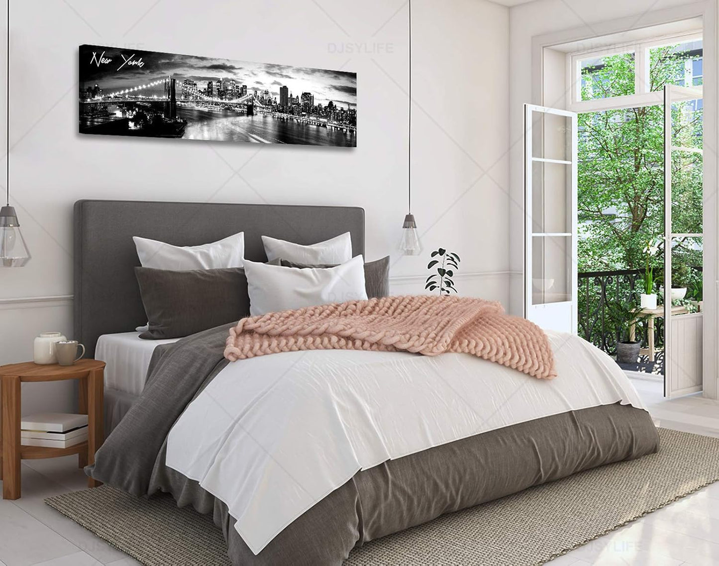 DJSYLIFE New York Skyline Wall Art - Brooklyn Bridge Night View - Black and White Nyc City Pictures Scape Artwork Painting Decoration for Bedroom or Office, Ready to Hang 13.8"x47.3"-New York1