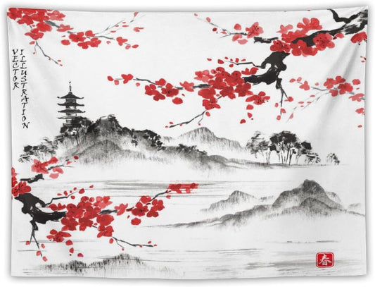 Cherry Blossoms Tapestry, Japanese Fuji Mountain Tapestry, Asian Japanese Wall Tapestry, Nature Landscape Tapestries for Bedroom Living Room Decor 60"x40"