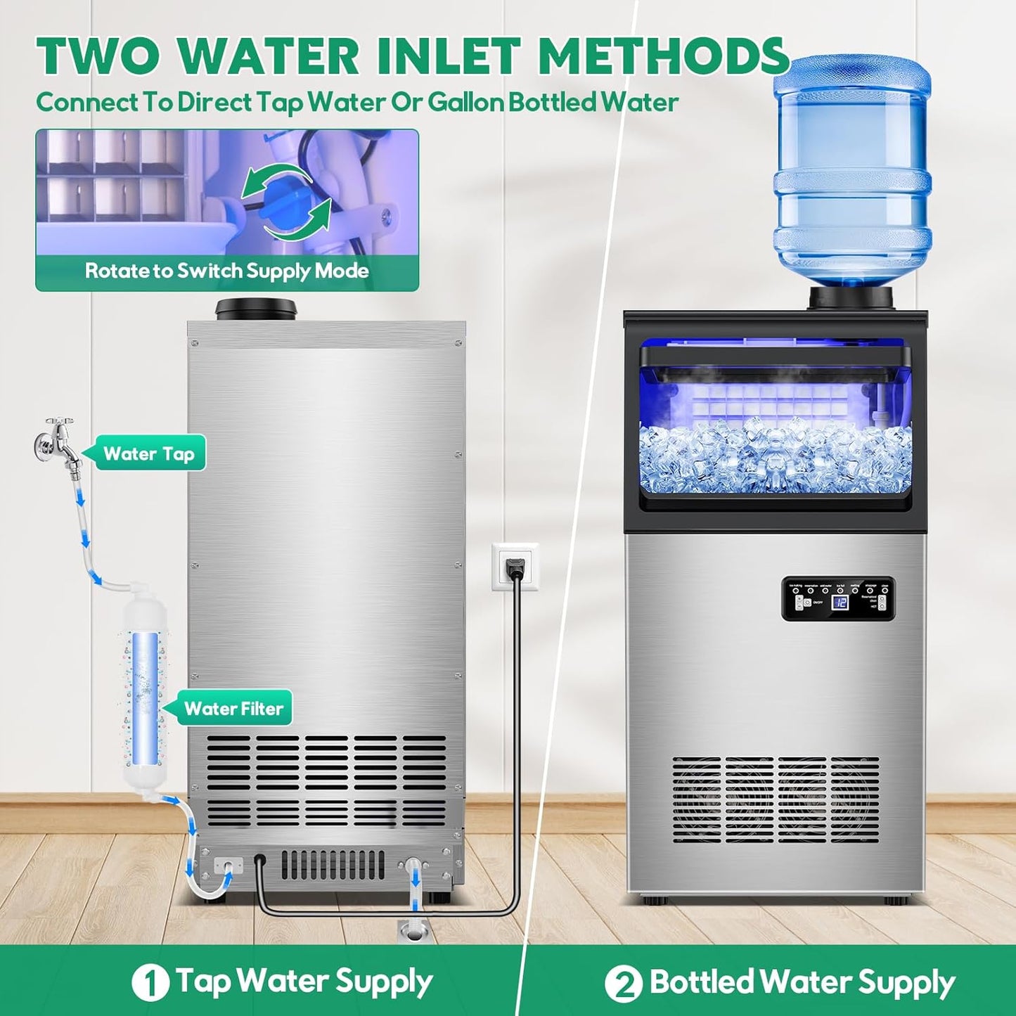 Commercial Ice Maker Machine 130Lbs/24H with 30Lbs Ice Capacity, 45Pcs Clear Ice Cubes Ready in 8-15Mins, Stainless Steel Under Counter Freestanding Large Ice Machine, 2 Water Inlet Modes