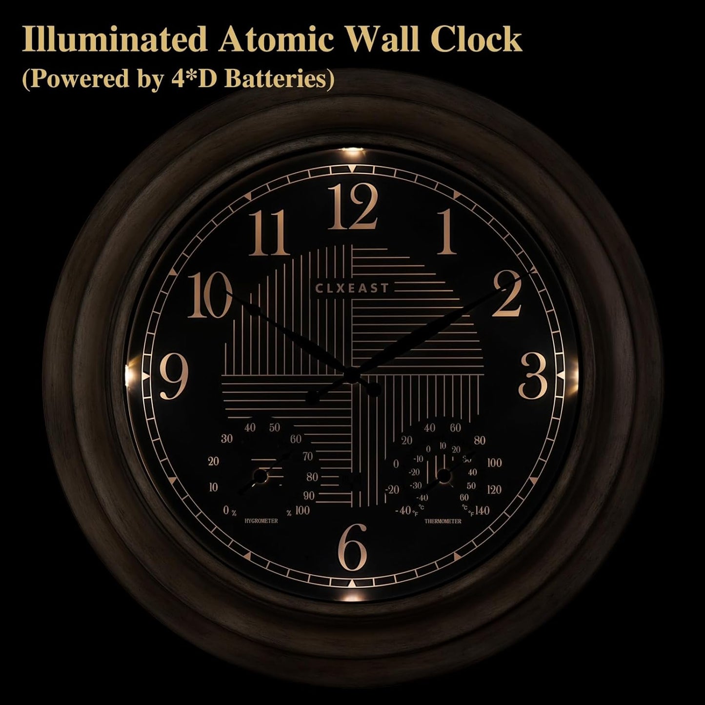 CLXEAST 24 Inch Self-Illuminated in/Outdoor Atomic Wall Clock with Temperature and Humidity, Oversized Large 24 Inch Wall Clocks for Living Room Decor, Brushed Grey Oak Wooden Finish