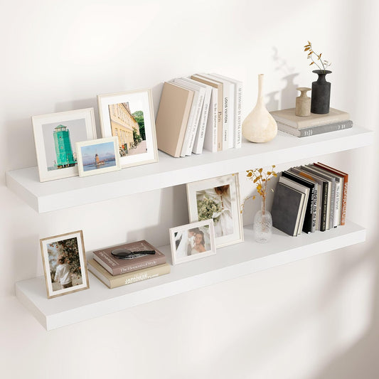 Floating Shelves for Wall, 2 Large Wall Mounted Shelves with Invisible Brackets, Long Wood Floating Wall Shelf Shelves for Living Room, Bedroom, Kitchen, (White, 48" W x 9" D x 1.5" H)