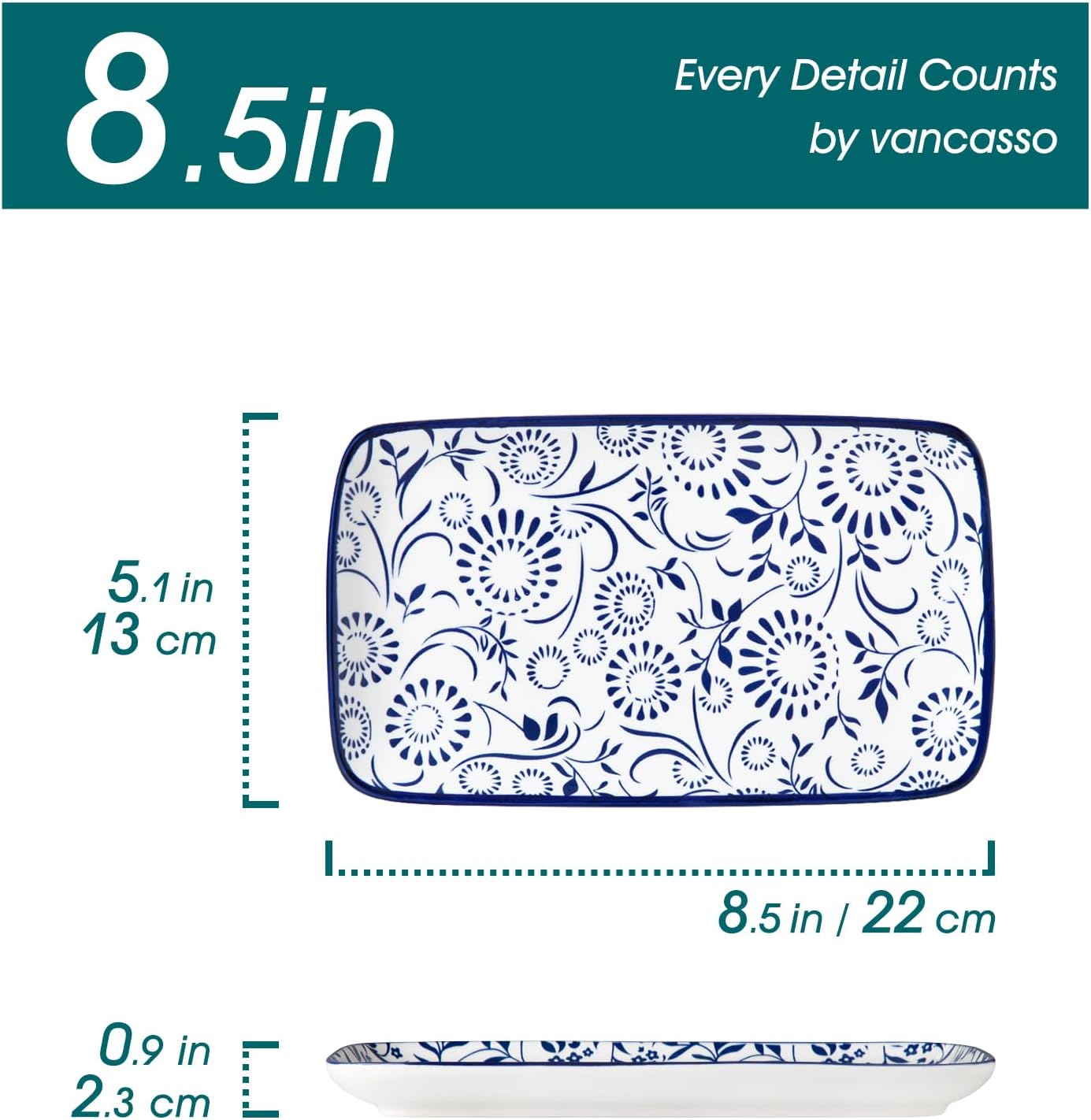 vancasso Selene 8.5 Inch Rectangular Salad Plates Set of 6, Ceramic Salad Plates for Sushi, Dessert, Appetizer, Porcelain Platters for Kitchen Decor, Microwave & Oven Safe, Vintage Blue & White Color