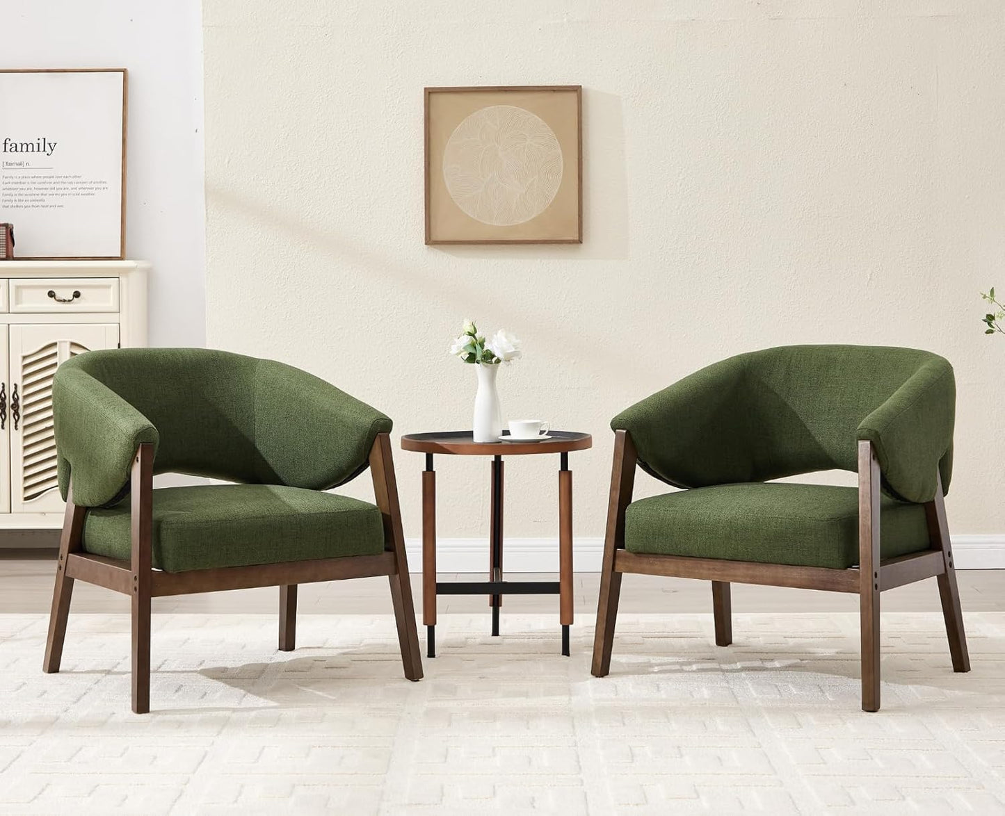 Mid-Century Modern Accent Chair, Comfy Barrel Armchair with Wide Seat, Upholstered Lounge Chair with Walnut Wood Legs for Living Room/Bedroom/Reading Corner, Linen Fabric, Deep Green, 1PC