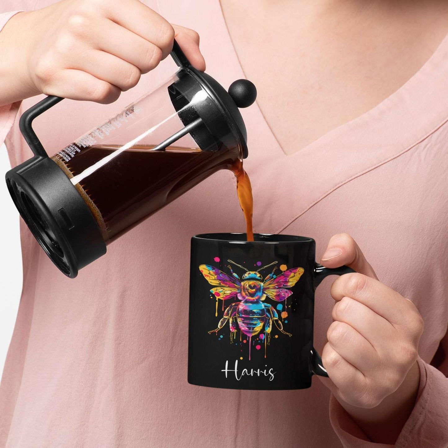 Personalized Black Bee Coffee Cup - Customized Ceramic Mug for Christmas, Gift for Brother Sister - Custom Animal Cup 11oz 15oz, Unique Animal Lover Gift