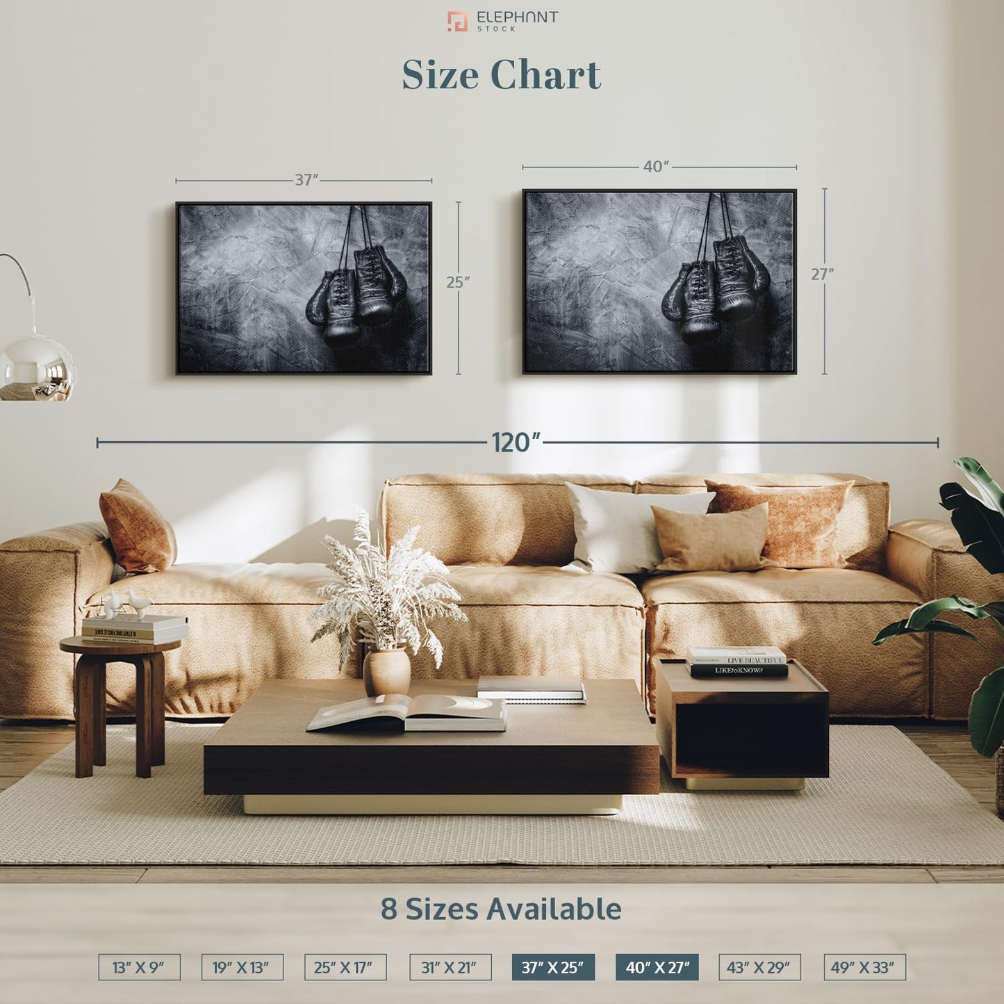 ElephantStock Boxing Gloves Wall Art - Horizontal Framed Canvas - 1-Piece Living Room Wall Decor - Photography Sports Canvas Print - Black and Gray Decor for Wall - 40" X 27"