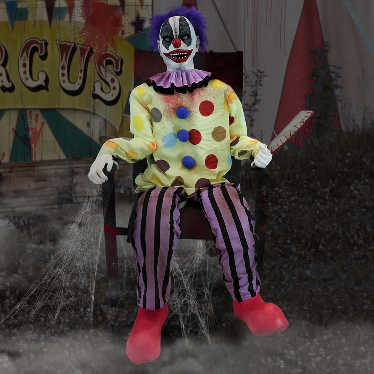 Haunted Hill Farm Motion-Activated Thrashing Clown with a Meat Cleaver by Tekky, Sitting Halloween Animatronic for Indoor or Covered Outdoor Creepy Halloween Decorations, Plug-in or Battery Operated