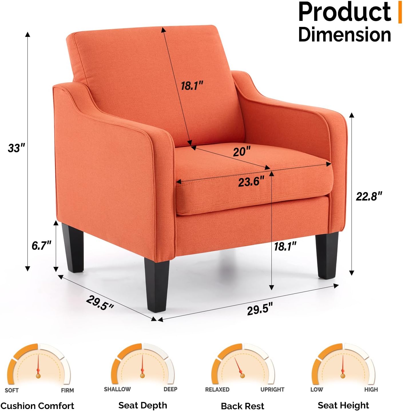 VINGLI Accent Chairs Set of 2 Living Room Chairs Burnt Orange Reading Chair for Bedroom Scooped Arm Chair Mid Century Modern Accent Chairs Upholstered Comfy Chair for Apartment, Waiting Room