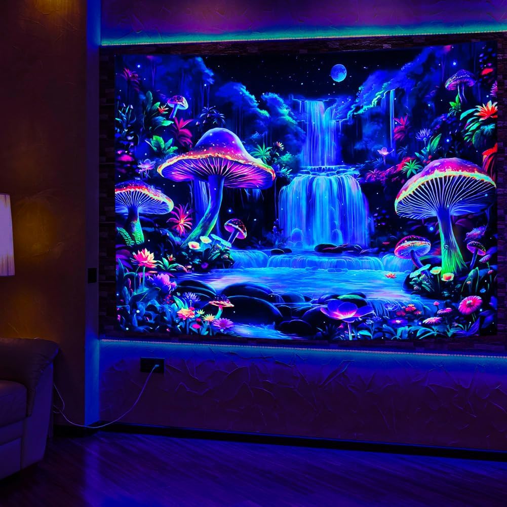 Dermijer Blacklight Tapestry Fantasy Mushroom Forest Tapestry UV Reactive Waterfall Tapestries Moon Night Neon Flower Landscape Tapestries Wall Hanging for Home Decor L59.1×W51.2