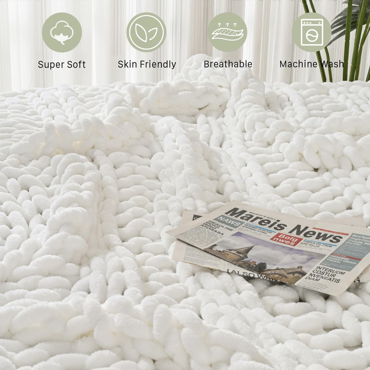 Esterra Chunky Knit Blanket Throw, 100% Handmade Chenille Throw Blanket 40"x50", Soft Thick Yarn Cable Knit Crochet Throw Blanket Rope Knot Throw for Couch Bed Sofa, Bright White