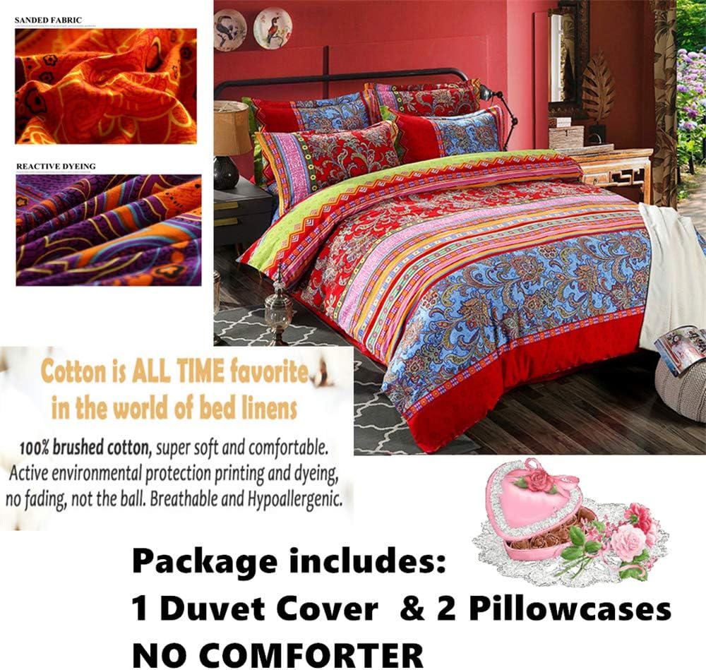 ABREEZE Bohemian Vintage Queen Size Floral Cotton Bedding Set 3Pcs Duvet Cover Set Boho Green Paisley 100% Egyptian Brushed Cotton Reversible Home Bedding Collection