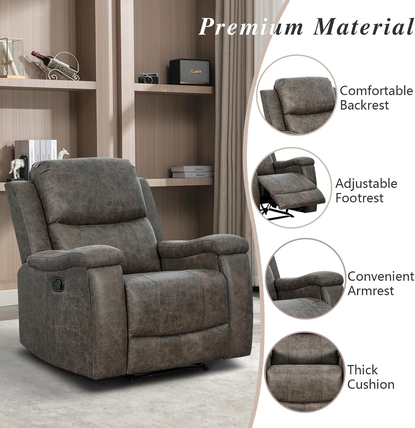 EBELLO Grey Recliner Chair, Single Overstuffed Sofa Recliners, Breathable Faux Leather Manual Reclining Chairs with Hidden Cup Holder, Arm and Back for Adults, Living Room, Bedroom, Grey