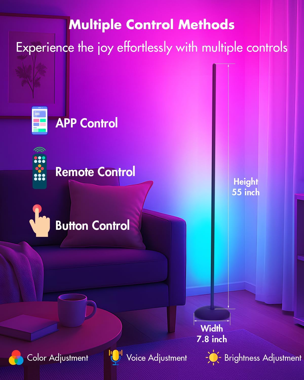 Corner Floor Lamp, Smart RGB LED Corner Lamp with App & Remote, Modern Floor Lamp with 16 Million Colors, Music Sync, Scene Modes, Color Changing Standing Lamps for Living Room, Bedroom