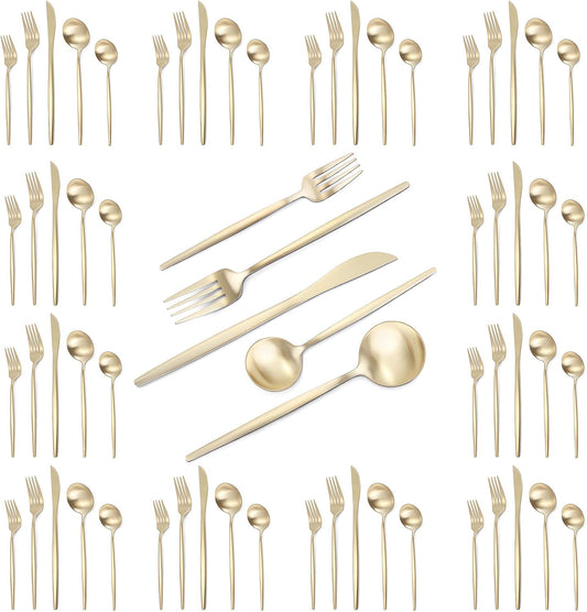 Matte Champagne Gold Silverware Set, 60-Piece Stainless Steel Flatware set, Service for 12, Tableware Cutlery Set, Satin Finish,Utensils for Kitchen, Dishwasher Safe