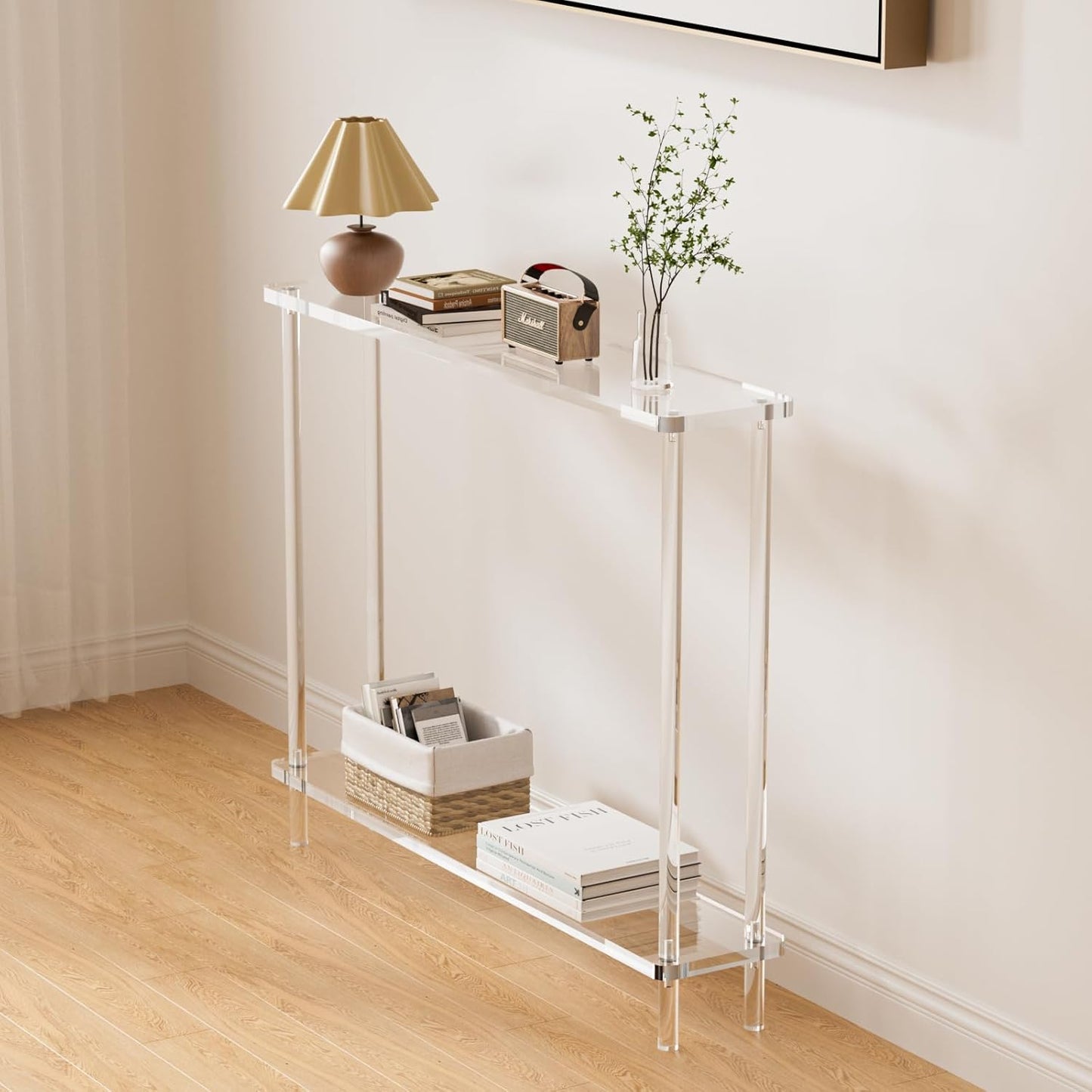 Acrylic Console Table, 2 Tier Acrylic Narrow Console Tables for Entryway,CHICUN, Square Legs, Skinny Console Table for Foyer, Sofa, Living Room,Clear