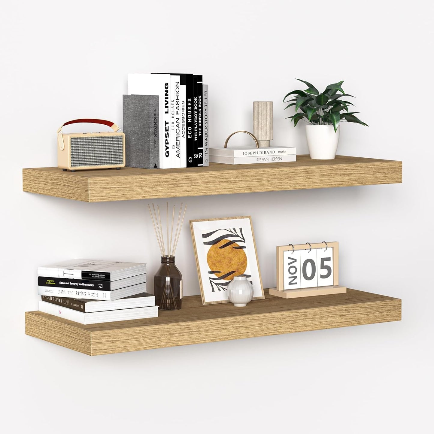 Fun Memories Floating Shelves - 24 Inch Rustic Wooden Wall Shelves - Extra Deeper & Thicker Wall Mounted Storage Shelf for Living Room, Kitchen, Farmhouse - 24" x 9" x 1.6" 2Pack, Oak