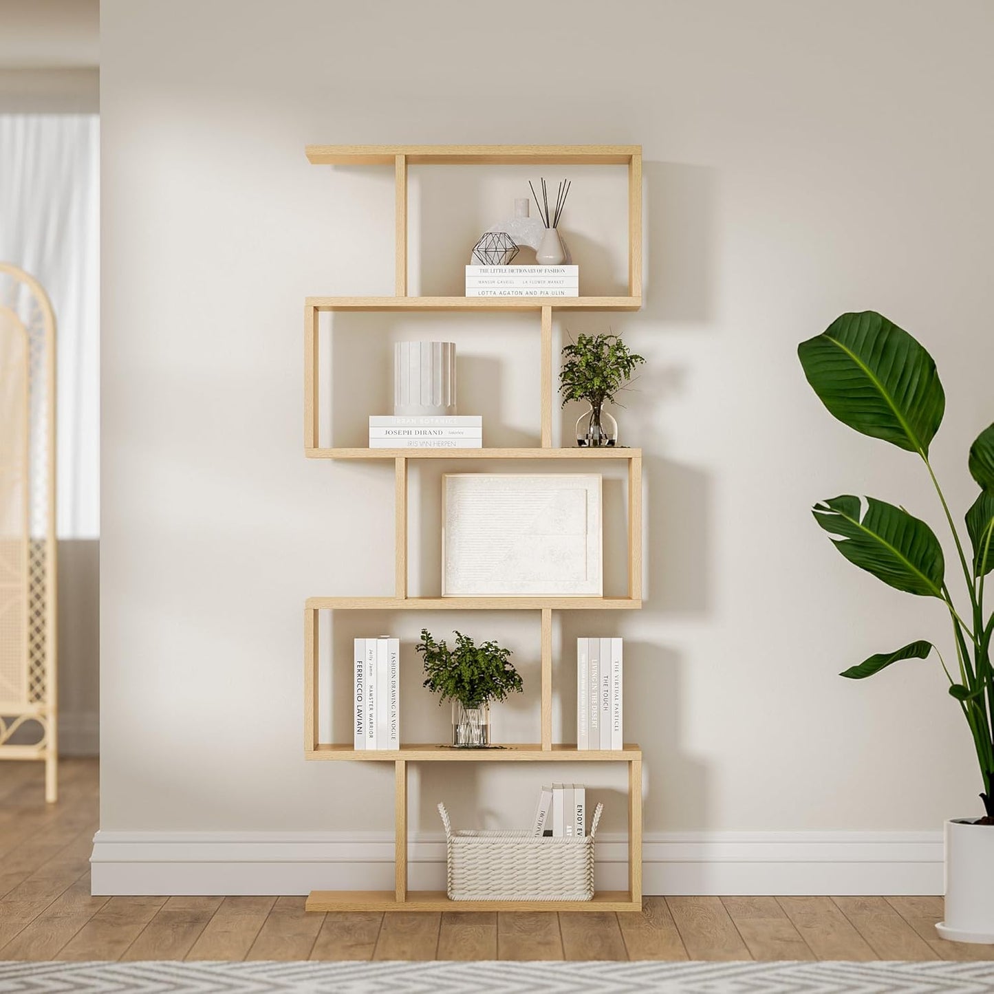 Oak 5-Tier Geometric Bookcase, S-Shaped Modern Bookshelf Set of 2, 62.6" Tall Room Divider Book Shelf, Decorative Display Shelf