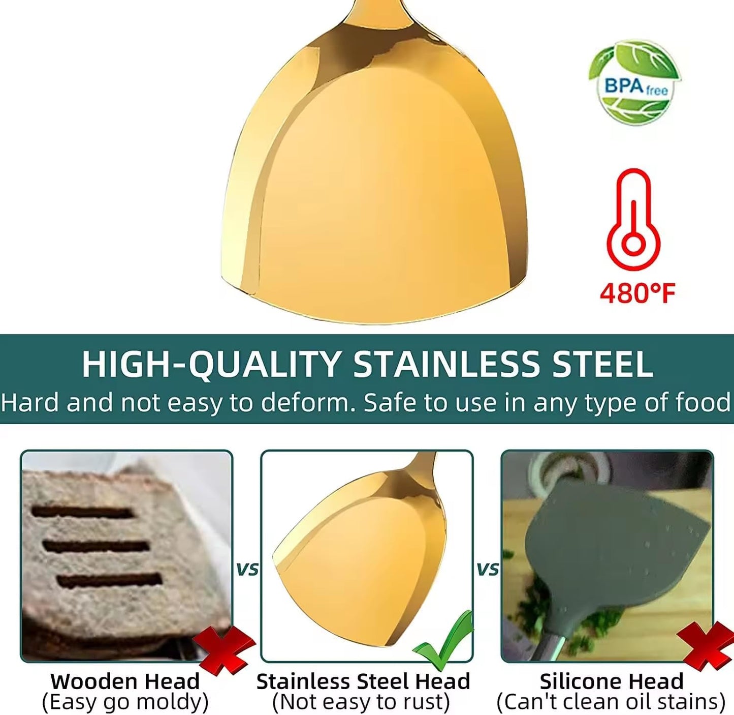 Generic Stainless Steel Kitchen Utensil Set, Spoon, Spatula, Pasta Server, Small Spatula (Green & Gold)