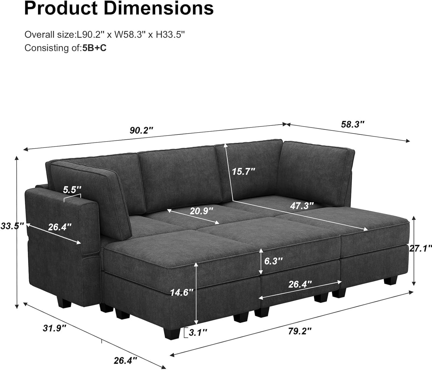 Belffin Terry Fabric Modular Sectional Sleeper Sofa Bed with Storage Convertible Sectional Couches for Living Room 6 Seaters Dark Grey Modular Sofa