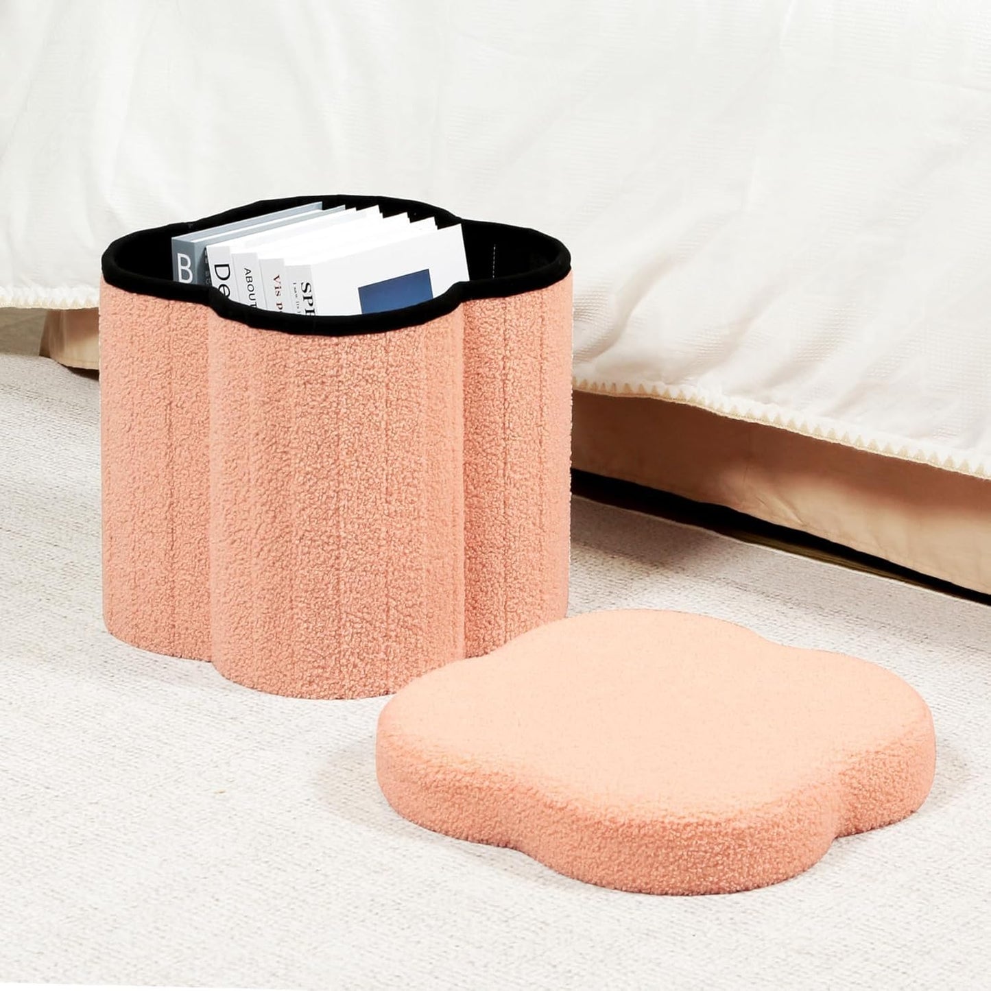B FSOBEIIALEO Storage Ottoman Cube, Flowers Shaped Ottomans with Storage Foot Stool Footrest for Lving Room, Boucle Ottoman Seat for Dorm Room,Faux Teddy Fur, Orange 12.6"x12.6"x12.6"