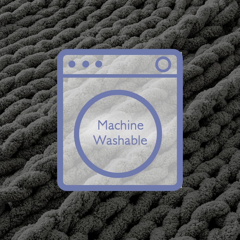 Bigacogo Chunky Knit Throw Blanket for Couch, 40x60 inches, 100% Hand Knitted with Thick Jumbo Chenille Yarn, Cozy Soft Large Rope Knot Cable Crochet Blankets for Sofa Bed Living Room, Dark Grey