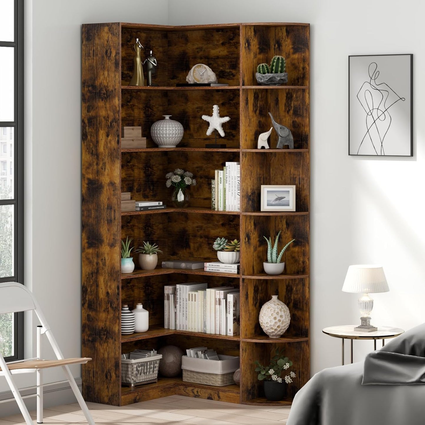 Loomie Bookshelves, 6 Tiers Shelf Large Tall Corner Etagere Bookcase with Full Baffle, L-Shaped Modern Storage Display Industrial Book Shelf for Bedroom, Home Office, Living Room & Kitchen, Rustic