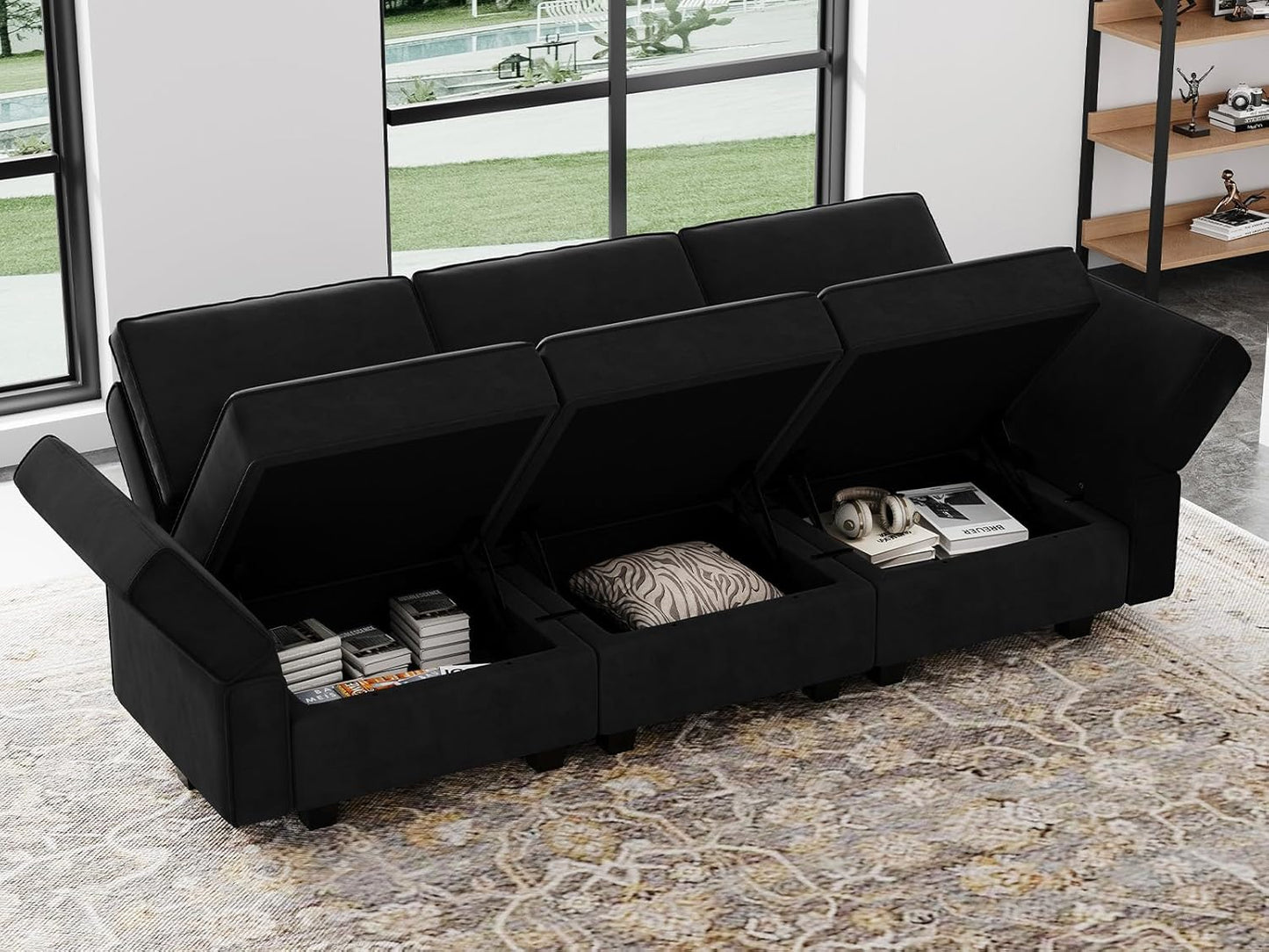 Belffin Modular Sofa Couch with Storage Seats Velvet 3 Seater Sofa for Living Room Black