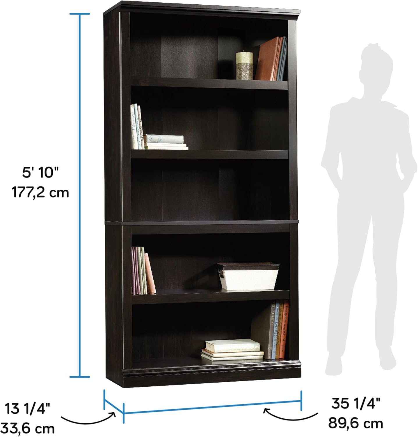 Sauder Miscellaneous Storage 5 Bookcase/Book Shelf, L: 35.28" x W: 13.23" x H: 69.76", Estate Black