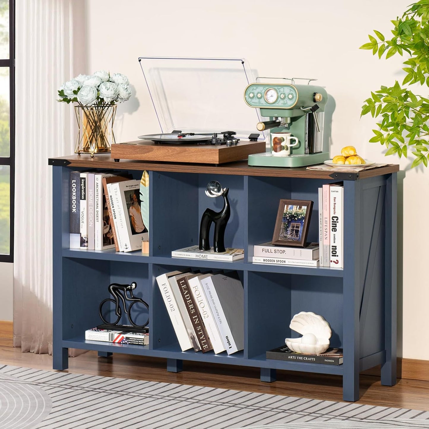 6 Cube Bookcase, Farmhouse Wood Low Storage Organizer Book Shelf, 47" Horizontal Navy Blue Console Bookshelf with Legs, Hallway Book Case for Entryway, Display Cabinet for Living Room, Office