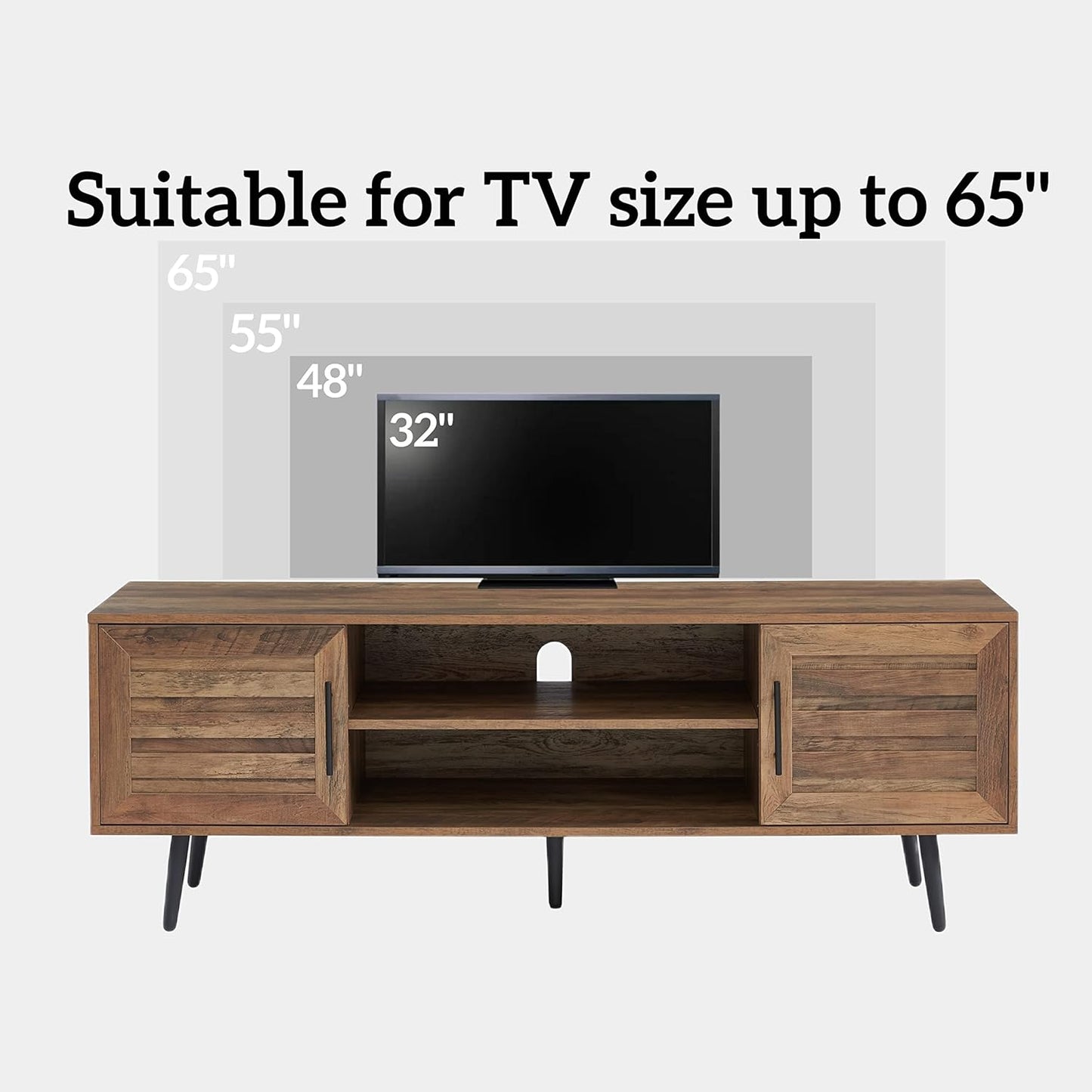 Mid Century Wooden TV Stand Entertainment Console with Open Shelving and 2 Cabinets for Televisions up to 65 Inches(Rustic Oak)