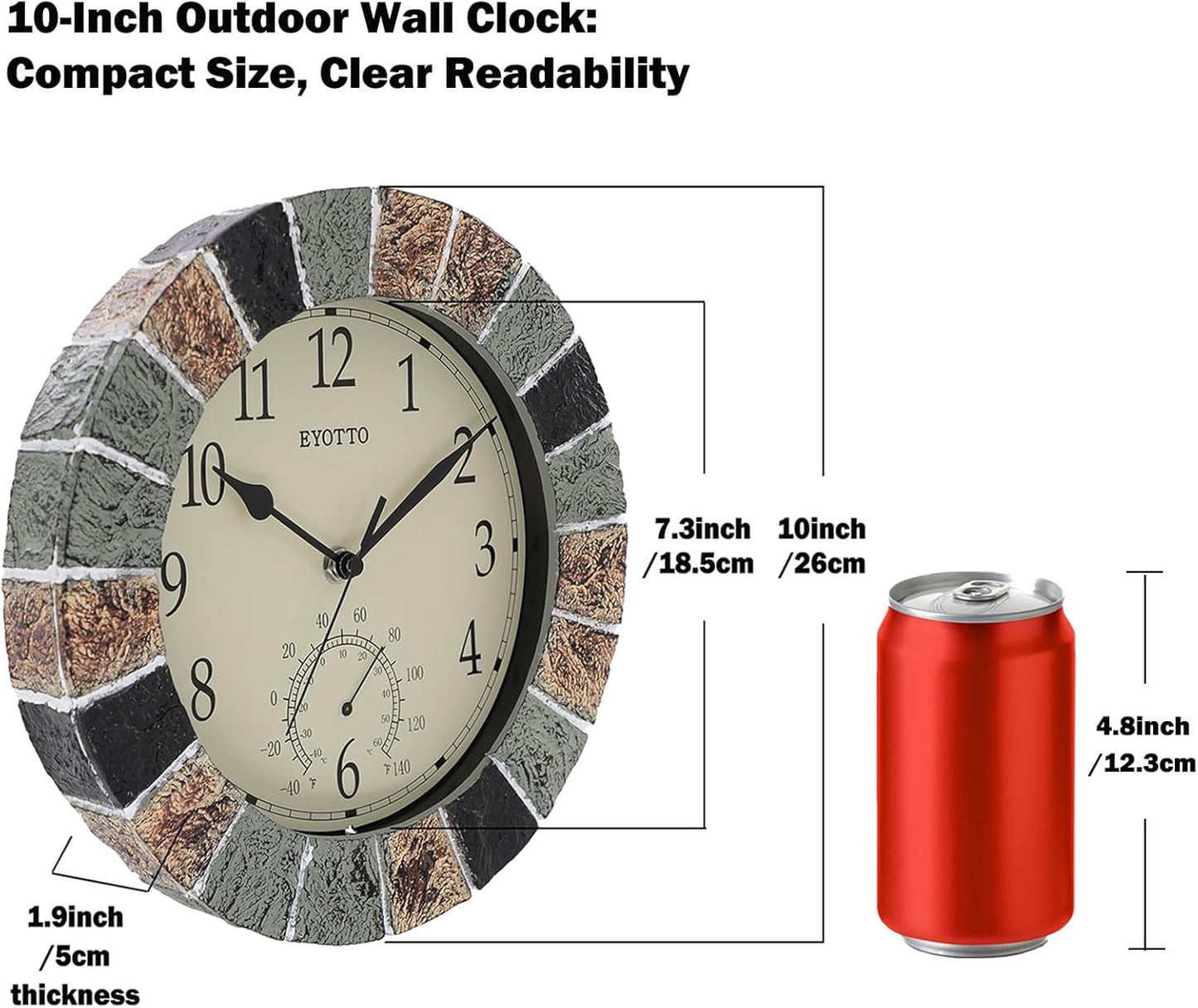 eYotto 10 Inch Small Indoor/Outdoor Waterproof Wall Clock with Thermometer Silent Non-Ticking Battery Operated Wall Clocks Weatherproof for Patio, Pool, Garden, Lanai, Fence, Porch, Deck, Bathroom