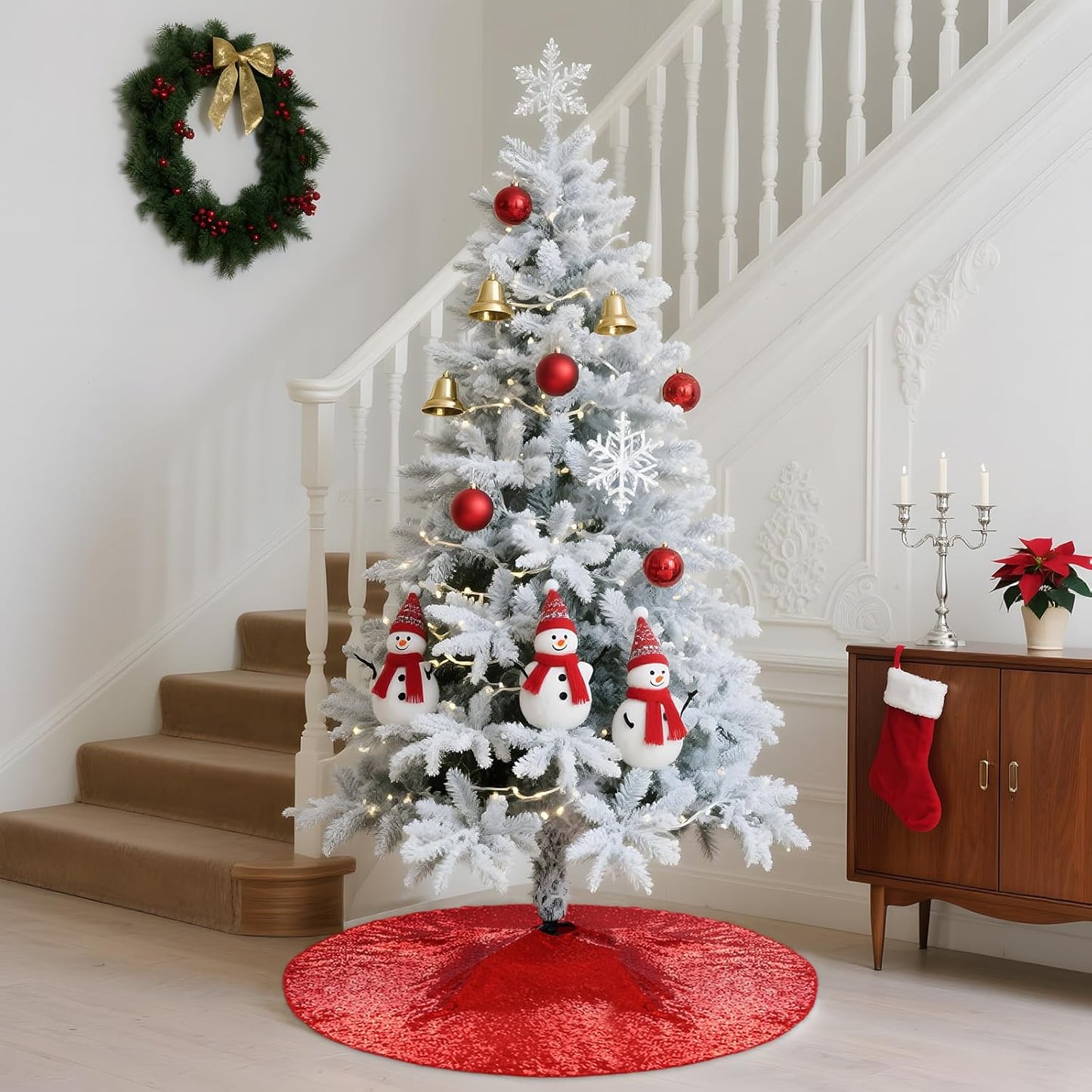 Eternal Beauty Christmas Tree Skirt, 50 Inch Red Sequin Tree Skirt Small Xmas Tree Skirt for Christmas Tree Decorations