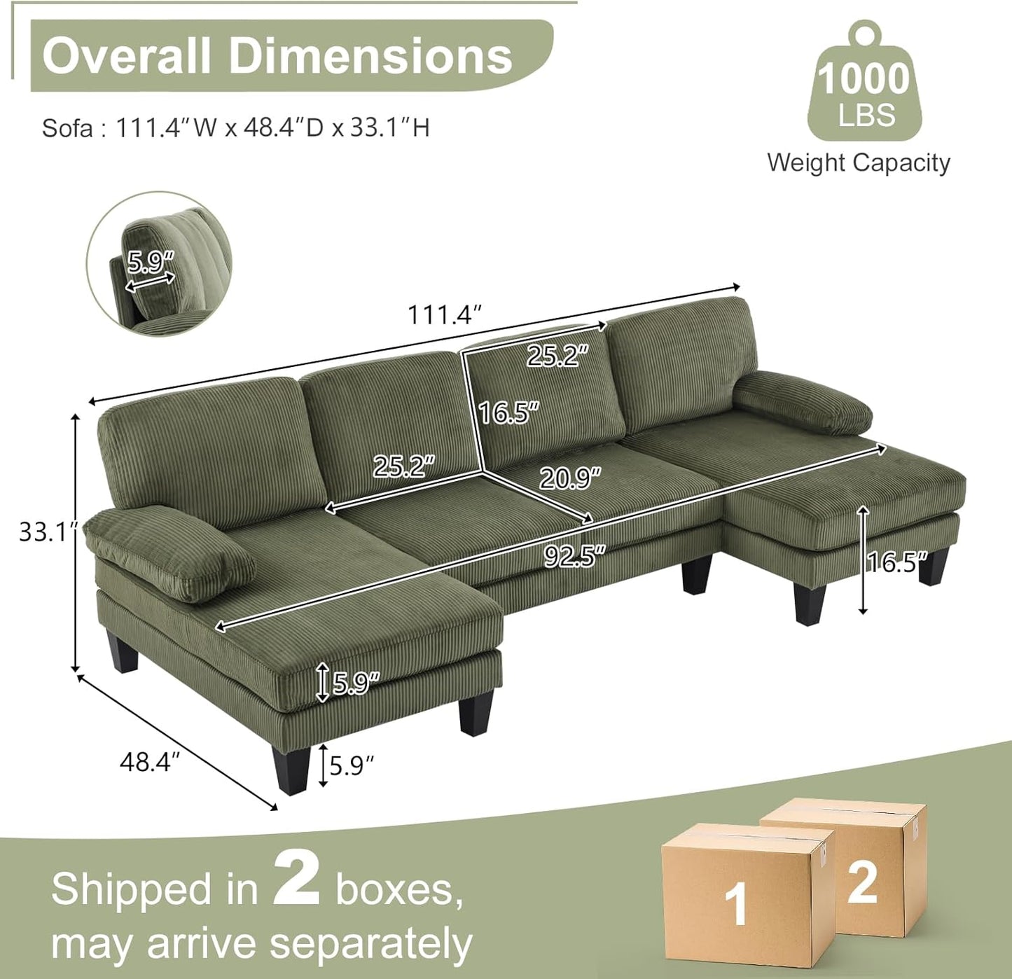Karl home U-Shape Sectional Sofa Couch 111" Modern 4-Seat Sofa with Chaises Corduroy Fabric Upholstered Covertible Couch with Wood Grain Legs for Living Room, Reception Room, Apartment, Green