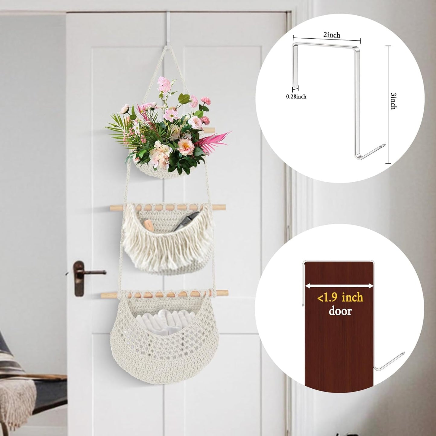 Hanging Baskets for Organizing, 3 Tier Detachable Wall Hanging Fruit Basket Over the Door Organizer for Fruit Vegetable Plant, Beige Boho Cotton Crocheted Fruit Holder for Kitchen Bathroom Bedroom