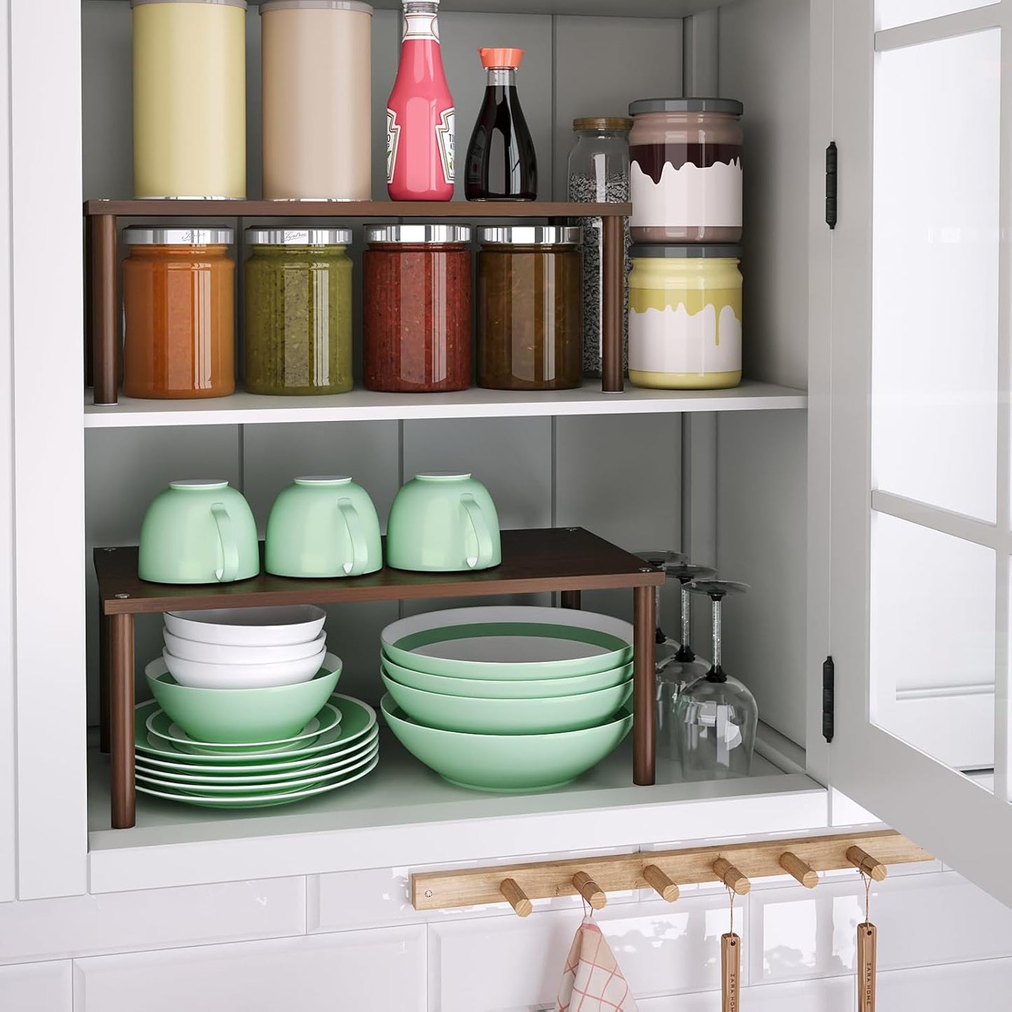 Cabinet Organizer Shelf(Set of 2),Kitchen Counter Shelves,Bamboo Spice Rack Countertop and Cabinet,Stackable Expandable,Large(Brown)