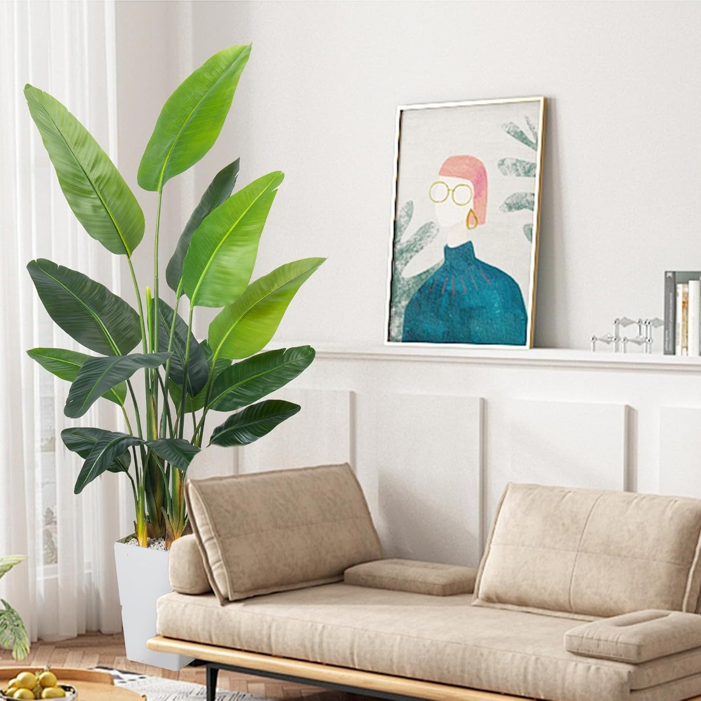 Bird of Paradise Plant Artificial 7ft,Faux Plants Indoor with White Planter,Fake Tree with Lifelike Leaves,The Perfect Indoor Silk Floor Plant for Home、Hallway and Office Decor