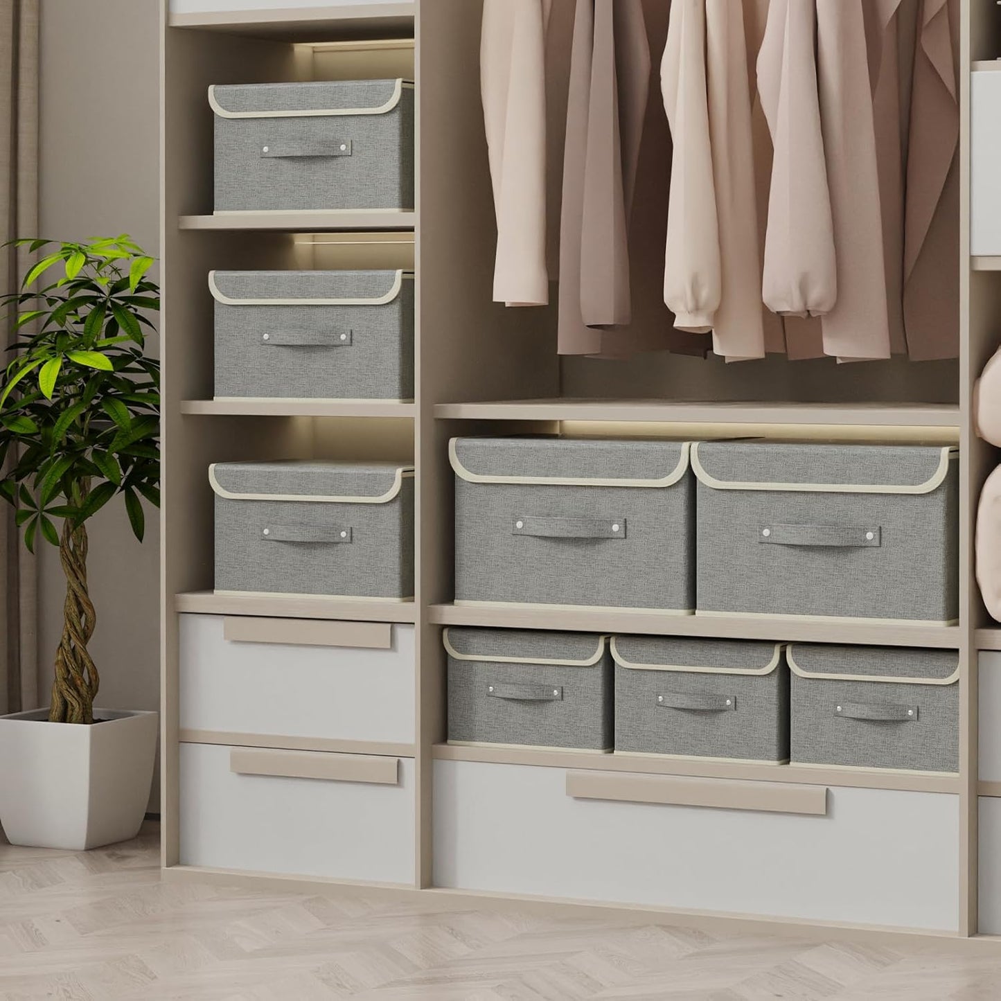 Storage Boxes, Collapsible Storage Bins with Lids, Cotton and linen cloth Storage Baskets with Handle, for Books, Closet, Bedroom, Home, 15x9.8x9.8 in, Grey