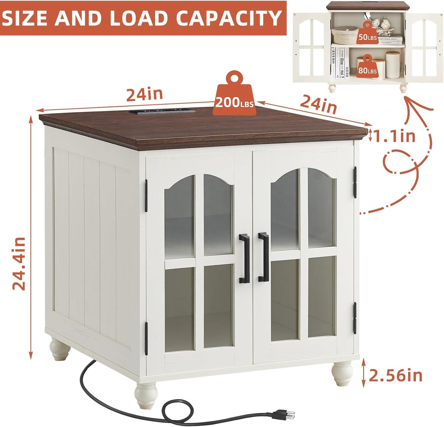 Farmhouse 24" End Table Set of 2 with Charging Station, Large Sofa Side Table with Glass Barn Door,Wood Night Stand with Adjustable Storage Shelf,Square Bedside Table for Living Room,Bedroom