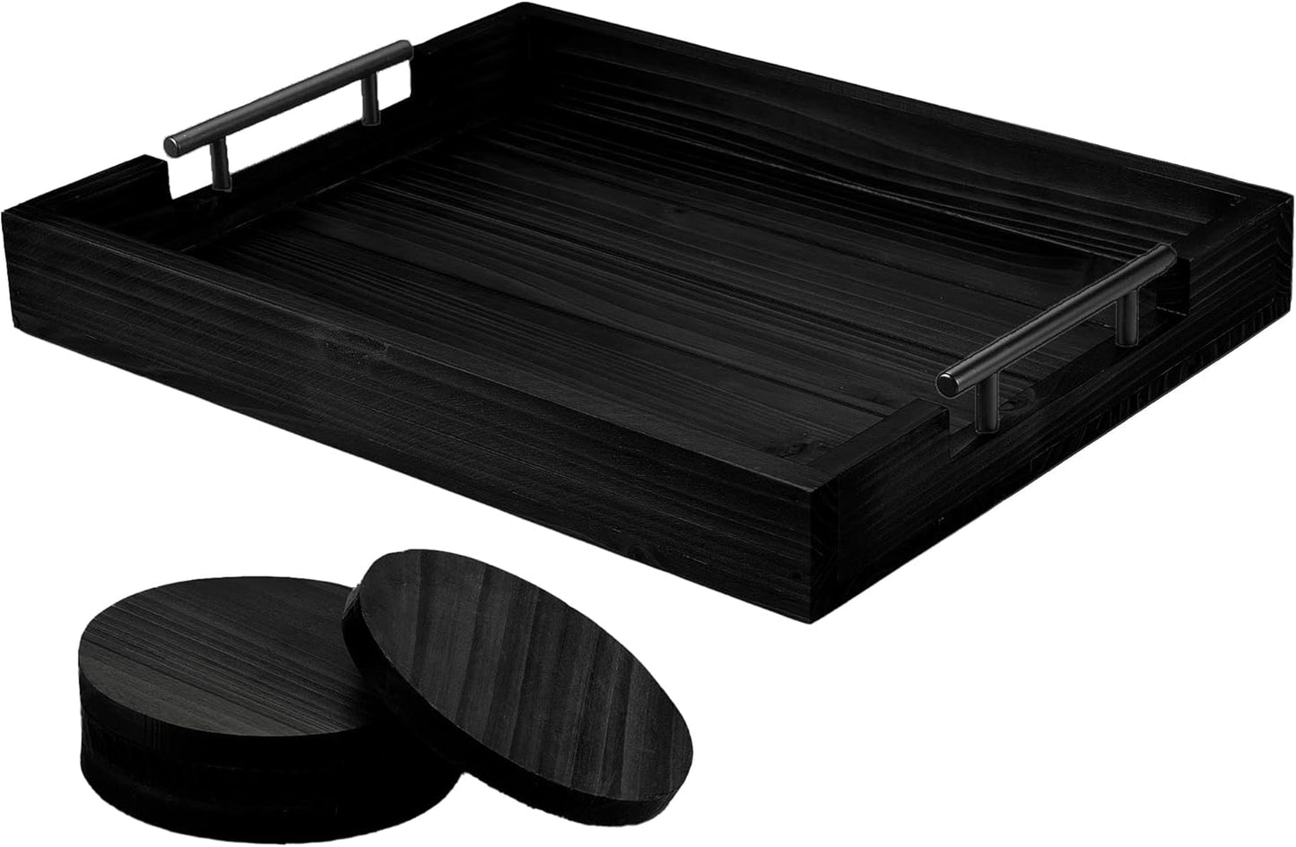 Ottoman Serving Tray | Decorative Coffee Table Tray with Handles – 17x13 Inch Wooden Tray with 4 Coasters for Breakfast, Kitchen & Bar