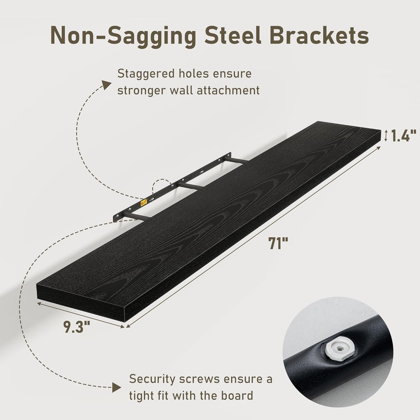 Fun Memories 72 Inch Floating Shelves for Wall 2 Pack Shelves for Bedroom|Kitchen|Bathroom 72 x 9.3 Inch Wood Floating Shelf with Invisible Brackets for Books|Storage|Decor, Black