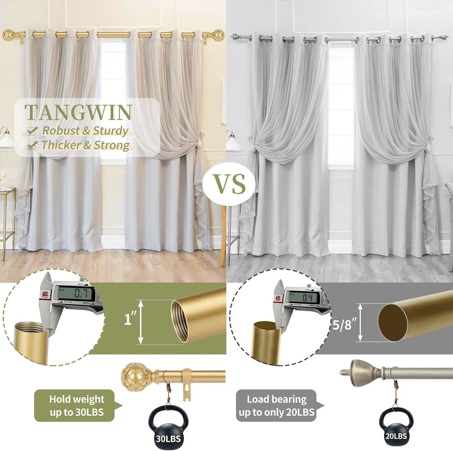 Gold Adjustable Curtain Rods for Windows:Farmhouse Heavy Duty Curtain Rod for Bedroom Living Room,Boho Decorative Rustic Drapery Rod with Vintage Coastal Texture Finial,Brass Gold 2Pack 18-45"