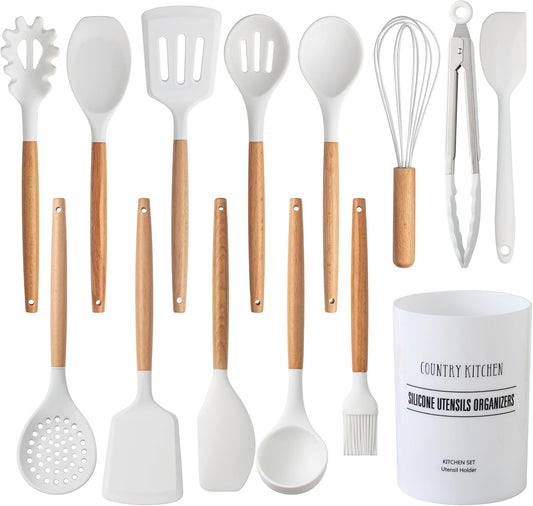 Country Kitchen Non Stick Silicone Utensil Set with Rounded Wood Handles for Cooking and Baking, 14 Piece Set, White