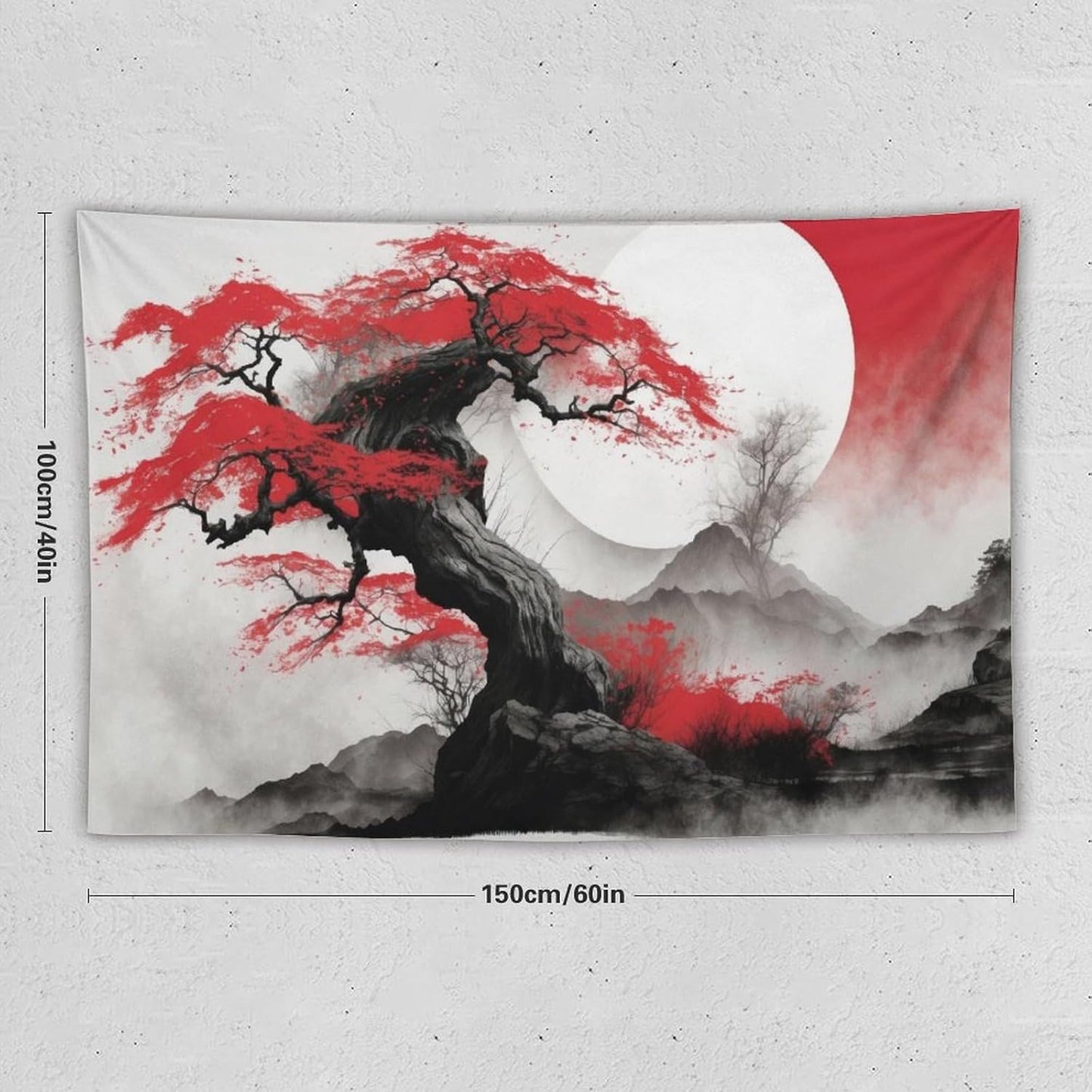 Cherry Blossoms Tapestry,Japanese Red Landscape Asian Watercolor Abstract Art Tapestry,Japanese Wall Tapestry, Nature Landscape Tapestries for Bedroom Living Room Decor 60"x40"