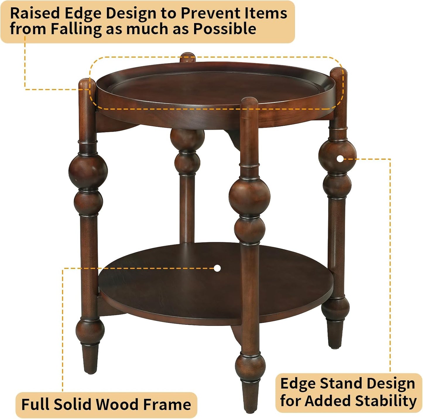 23" Round End Table, Mid Century Modern Side Table with Solid Wood Frame and Top, Small Night Stand for Living Room Office Apartment, Walnut