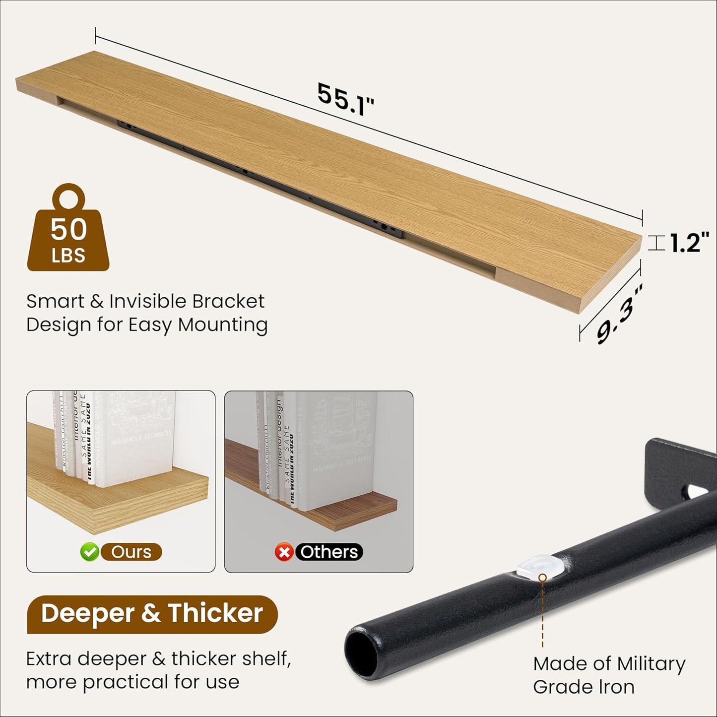 Fun Memories 55 Inch Fireplace Mantel Shelf -Long Floating Shelves, Deep Wall Mounted Farmhouse Display Shelves with Invisible Heavy Duty Metal Bracket, Oak, 2 Pack