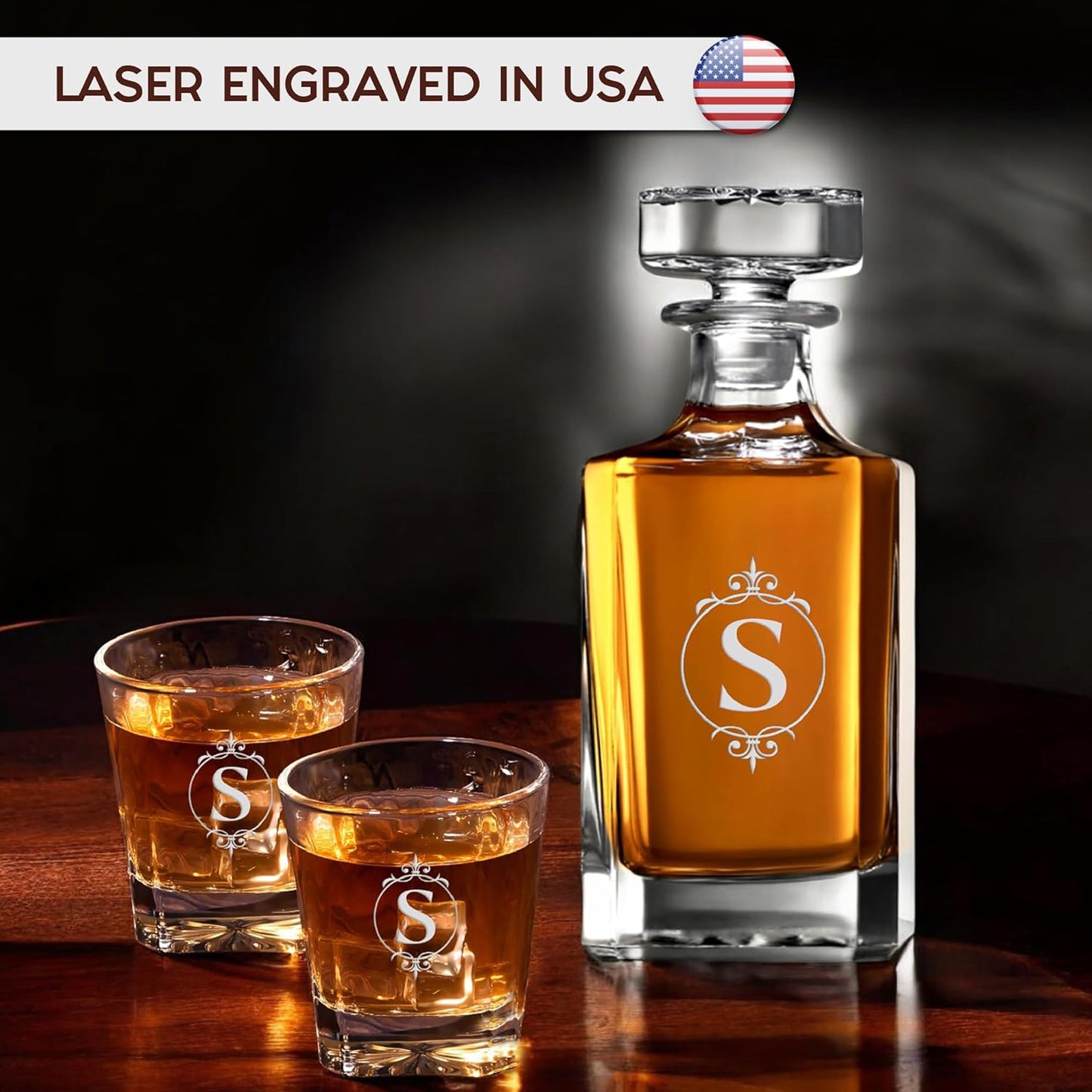 Personalized Square Whiskey Decanter Set for Men 750ml Luxury Gift for Valentine's, Birthdays, Anniversaries - Liquor Decanters with 2 or 4 Glasses Retirement, Weddings - 24 Engraved Design Options