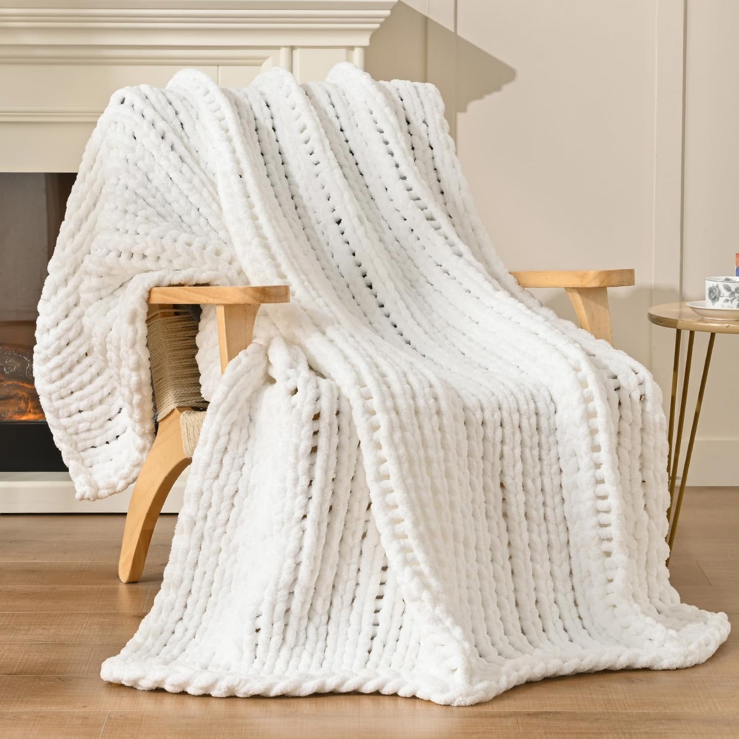 Esterra 100% Hand Knitted Chenille Throw Blanket, 50"x60", White, Polyester, Chunky Knit, Throw Blanket, 50x60 Inches