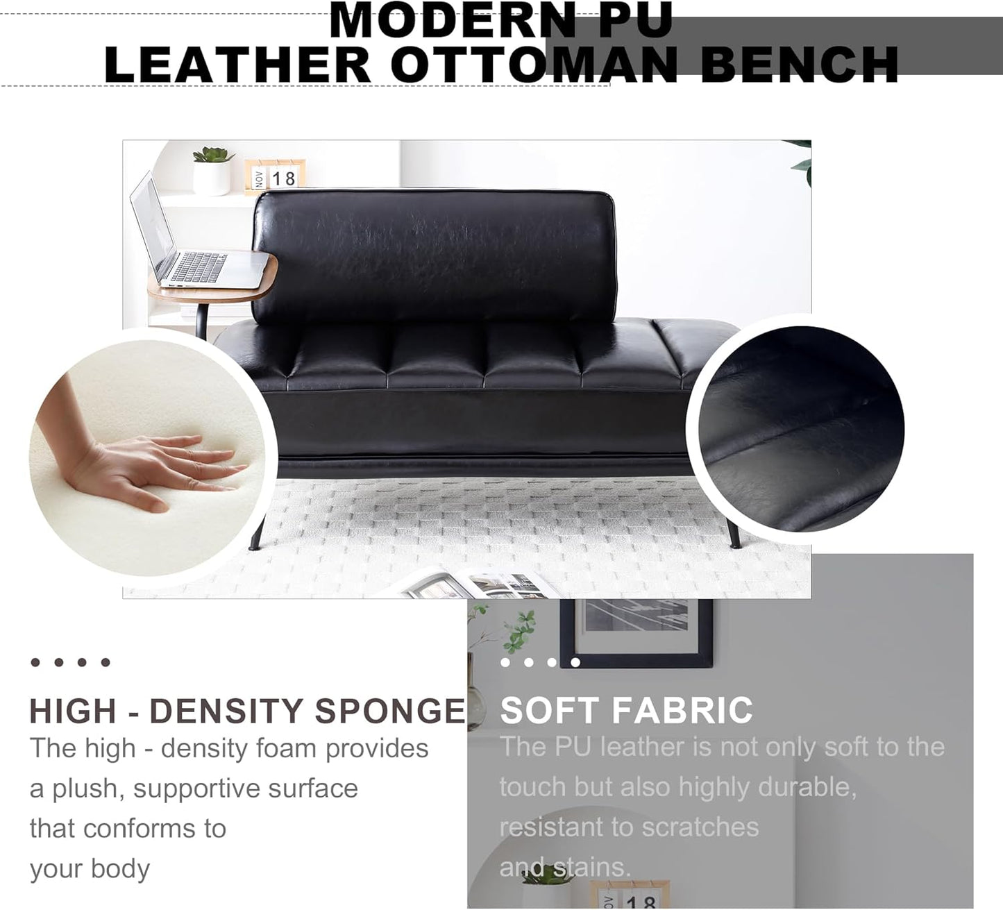Sofa,Bed Bench,Small Spaces Furniture,Polyurethane Leather,Wood Frame,High Density Sponge Infillings,360-Degree Swivel Tray,Black Metal Leg (Black)