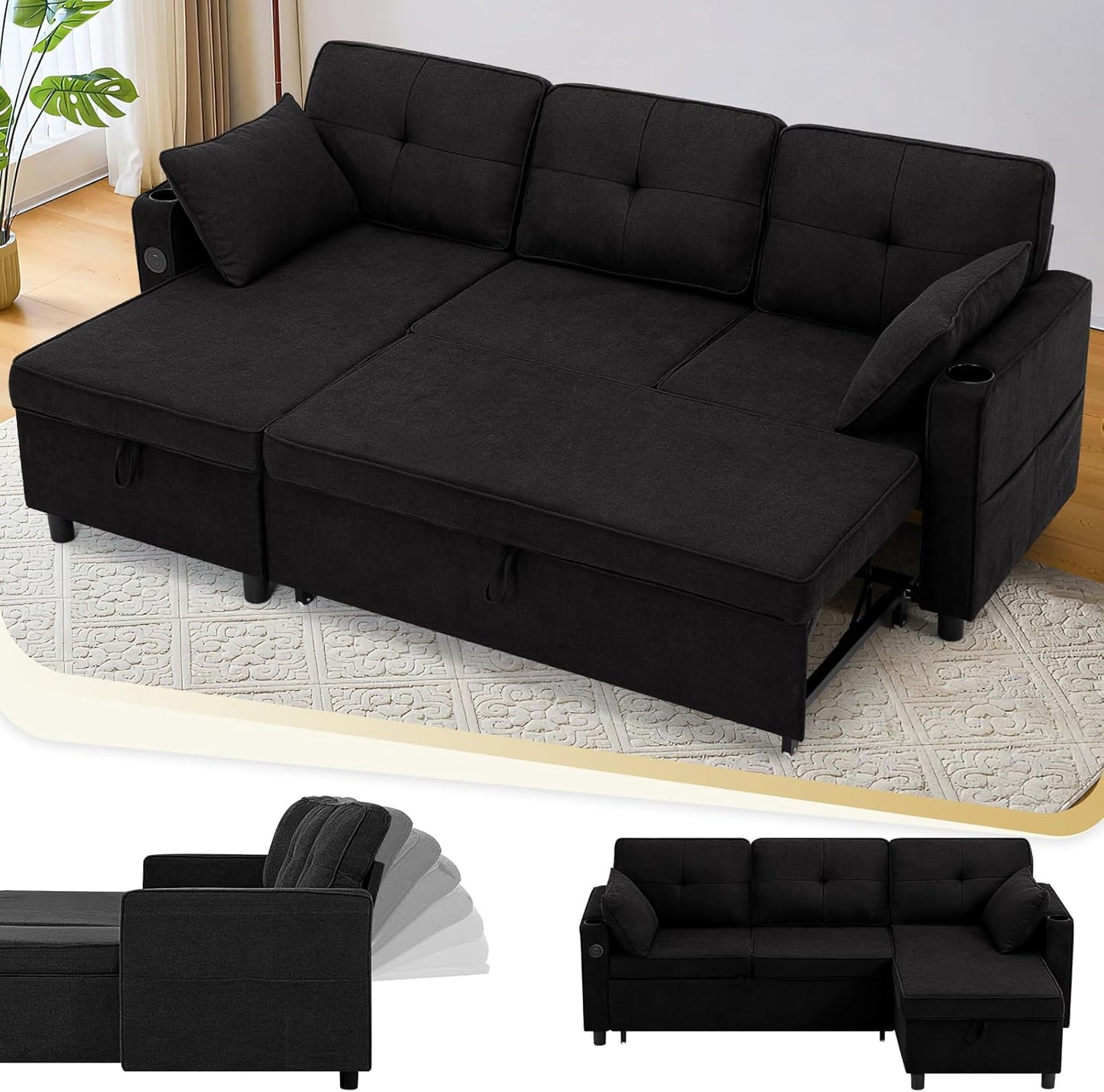 84 Inches Fabric Sectional Sofa w/Pull Out Sofa Bed & Adjustable Back, Tufted L Shaped Couch w/Storage Chaise, Sleeper Sectional Sofa w/USB Port & Cup Holders for Living Room, Black